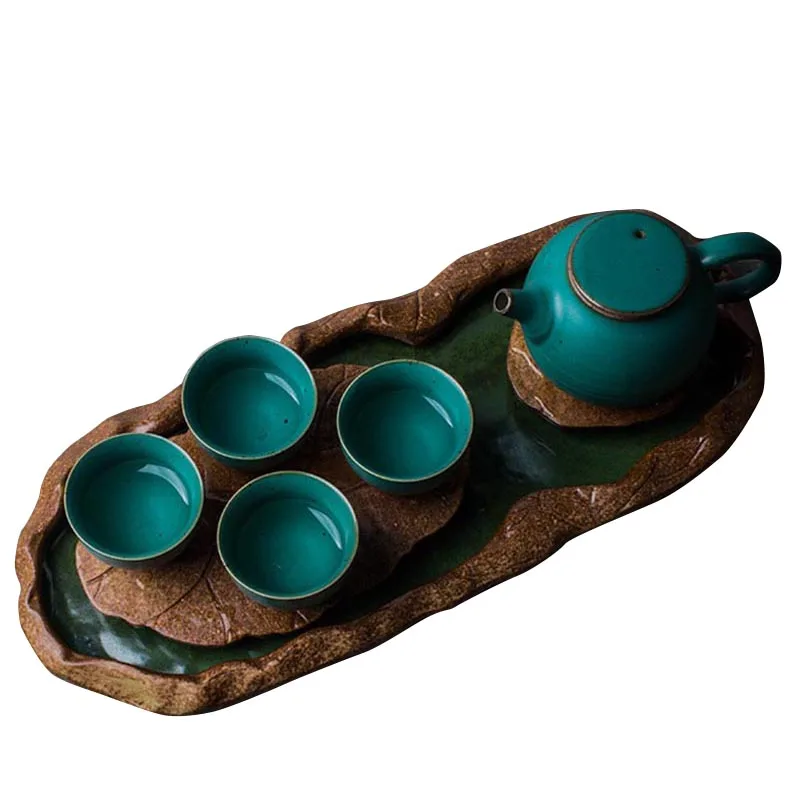 

Creative Handmade Ceramics Lotus Leaf Tea Tray Vintage Coarse Pottery Kung Fu Tea Trays Water Storage Teapot Teacup Holder Decor