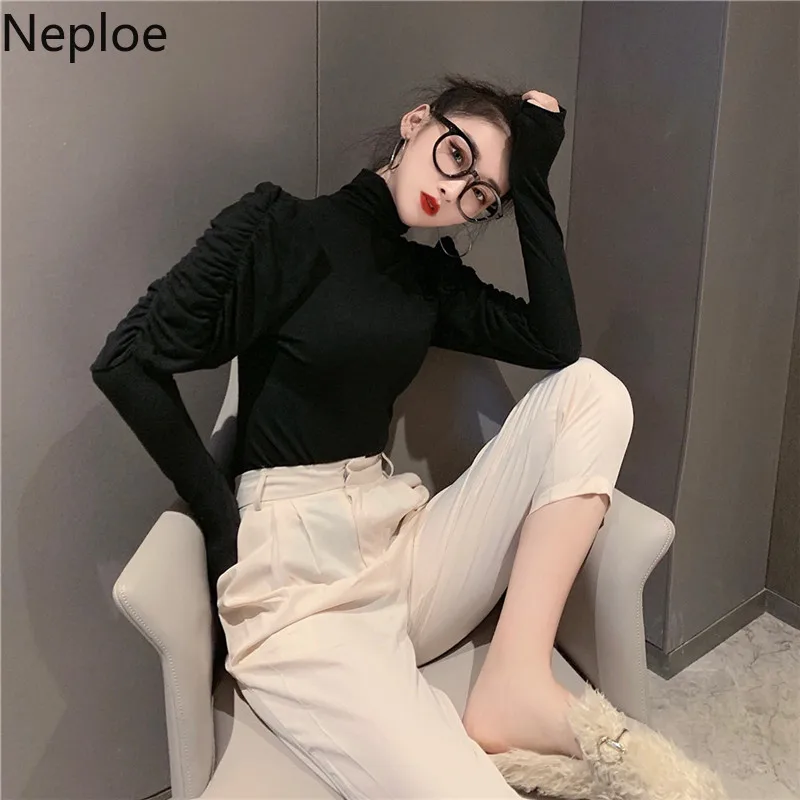 Neploe Turtleneck Solid Pleated Puff Long Sleeve Bottom T Shirt Fashion Slim Fit Autumn Spring 2020 New Tees Soft Wild Lady Top | Женская