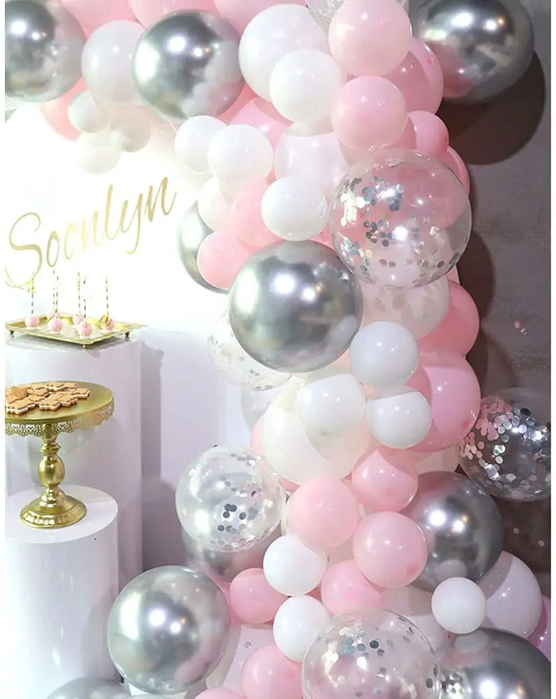 Conjunto de arco de guirnalda de globos de metal y plata para ni&ntilde;as, conjunto de arco de guirnalda de macaron rosa y blanco, adecuado para baby shower, cumplea&ntilde;os y bodas, 103 piezas-2