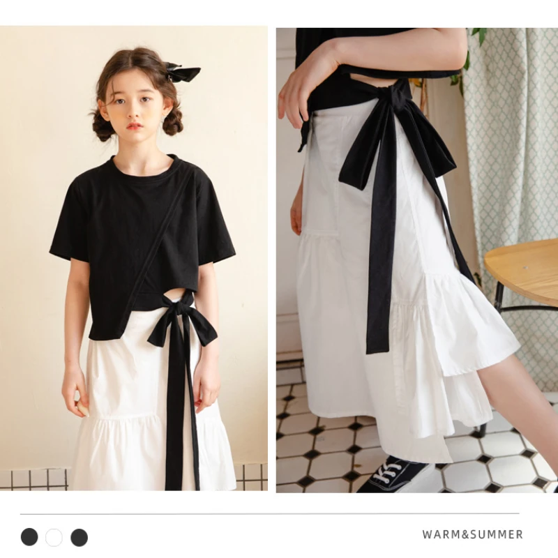 

Одежда для девочек, новинка 2021, комплект детской одежды, детская рубашка и юбка с подкладкой, хлопковый летний костюм для подростков, модный костюм с большим бантом, #6090