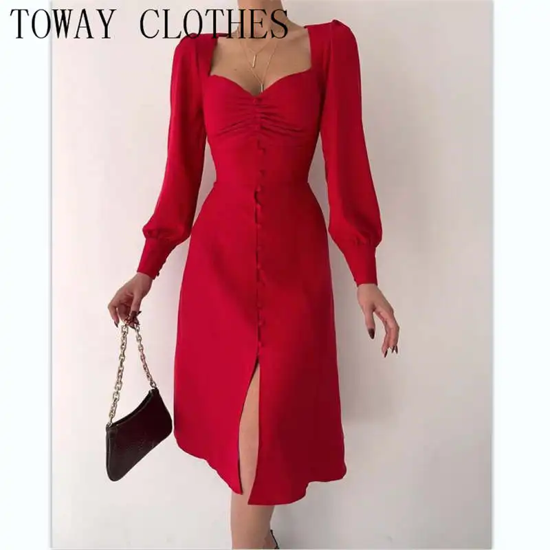 

Lantern Sleeve Button Design Ruched Slit Casual Dress