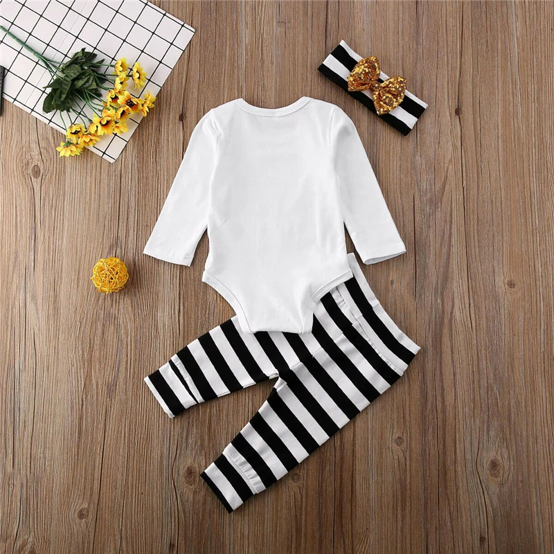 0-12M Baby Girls Boys Clothes 3PCS Toddler Letter Print Top Pants Headband Stripe Outfits Set roupa infantil | Детская одежда и