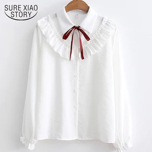шифоновые блузки с длинным рукавом и бантом с оборками Женская Модные женские рубашка повседневная полосатая женская одежда офисные женские рубашки 5141 50