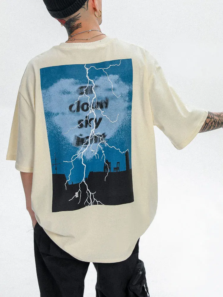 

Short Sleeve T-Shirts Men Streetwear Hip Hop Sky Cloud Lightning Print Tshirts Harajuku Cotton Casual Loose Tees Tops