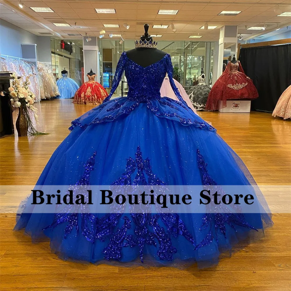 

Royal Blue V Neck Ball Gown Quinceanera Dresses Long Sleeves Sequins Tulle Sweet 16 Party Dress Vestidos De Quinceañera 15 Años