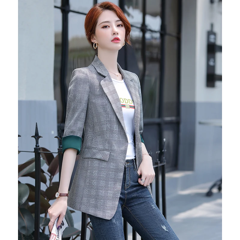 

Women Checked Blazer Half Sleeve Single Pieces Office Ladies Jacket Outer Wear Summer