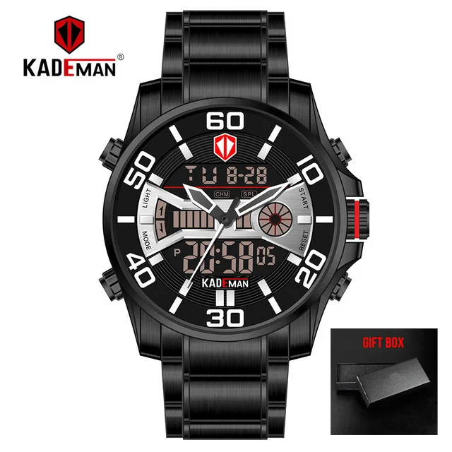 black KADEMAN спортивные цифровые часы с двойным дисплеем Мужские кварцевые часы Лидирующий бренд водонепроницаемые армейские военные полностью Стальные наручные часы Relogio - Цвет: black
