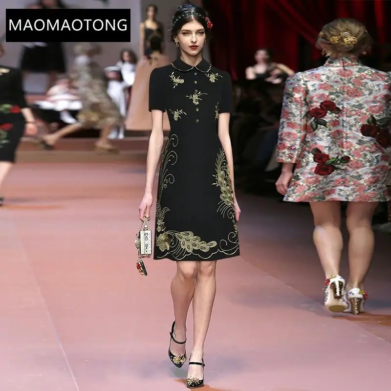 

Women's Clothing Fashion Runway Summer Party Dresses Women's Black Short Sleeve Turn-down Collar Embroidered Vintage Mini Dress