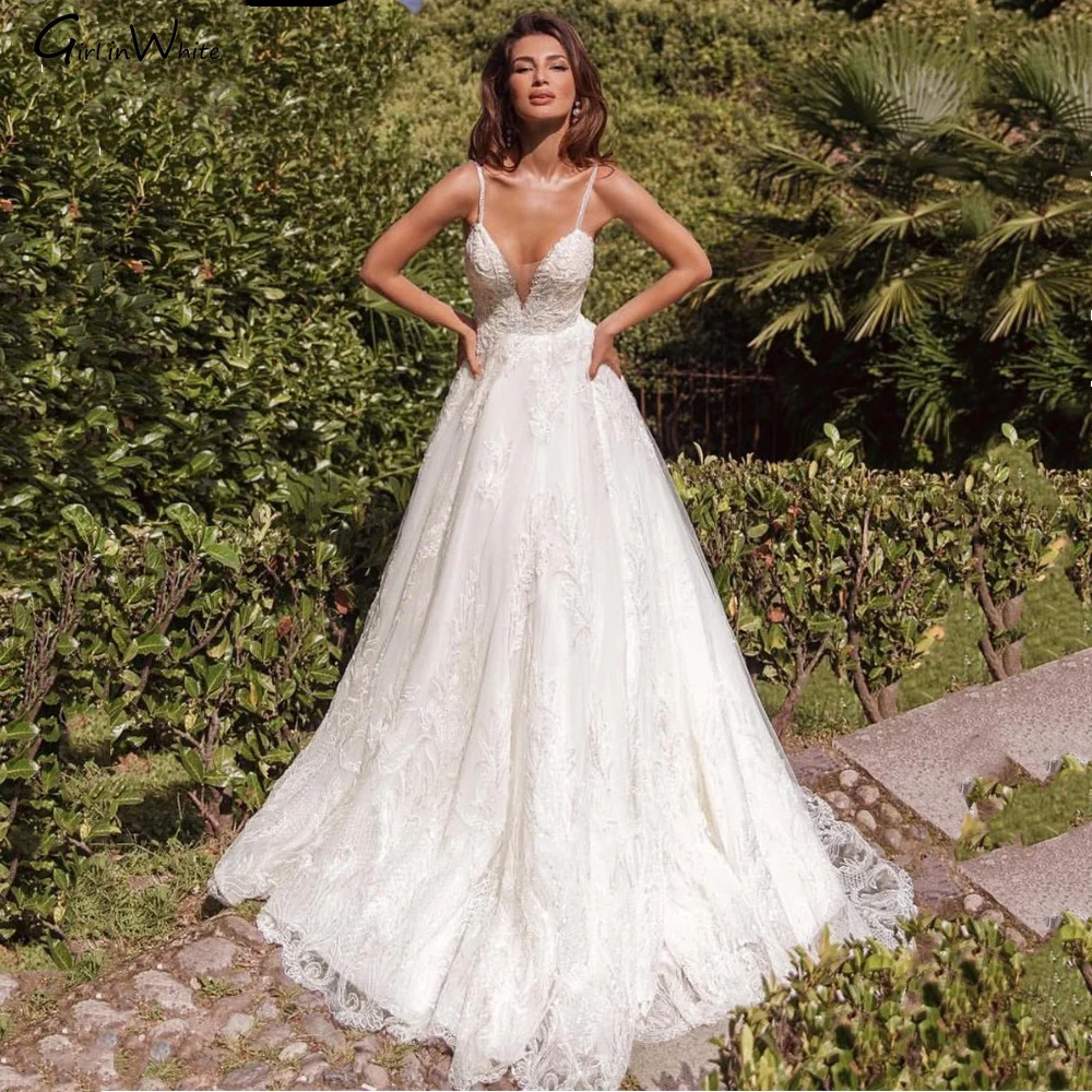 

Sexy A-line Wedding Dresses 2021 Sequined Spaghetti Straps Bride Robes Deep V Neck Bridal Gown Wedding Gowns Vestidos De Novia
