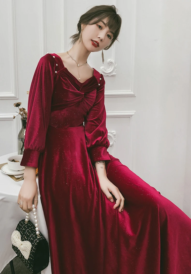 AnXin SH Princess sweetheart long sleeve velvet a line evening dress vintage zipper party brie wine red | Свадьбы и торжества