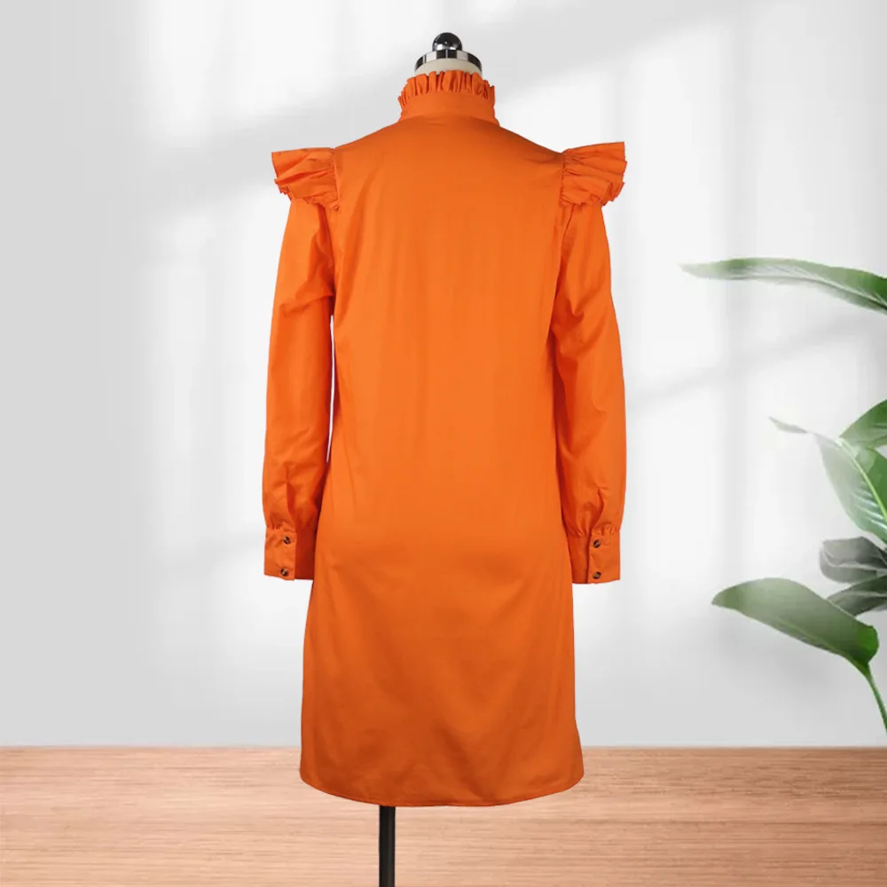 

Autumn Shirt Dress for Women Ruffle Long Sleeve Loose Button Up Dress Office Stand Collar Plus Size Leisure Dresses Orange Green