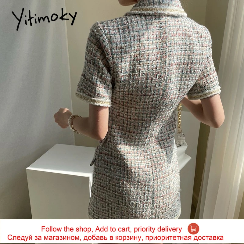 

Yitimoky Plaid Dresses Women Button Up Short Sleeve Party Dress Peter Pan Collar New Summer Green Single Breasted Office Lady