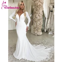 vestido de noiva long sleeves wedding dress 2020 satin lace bohemian mermaid boho bridal gown bride dress v neck robe de mariee