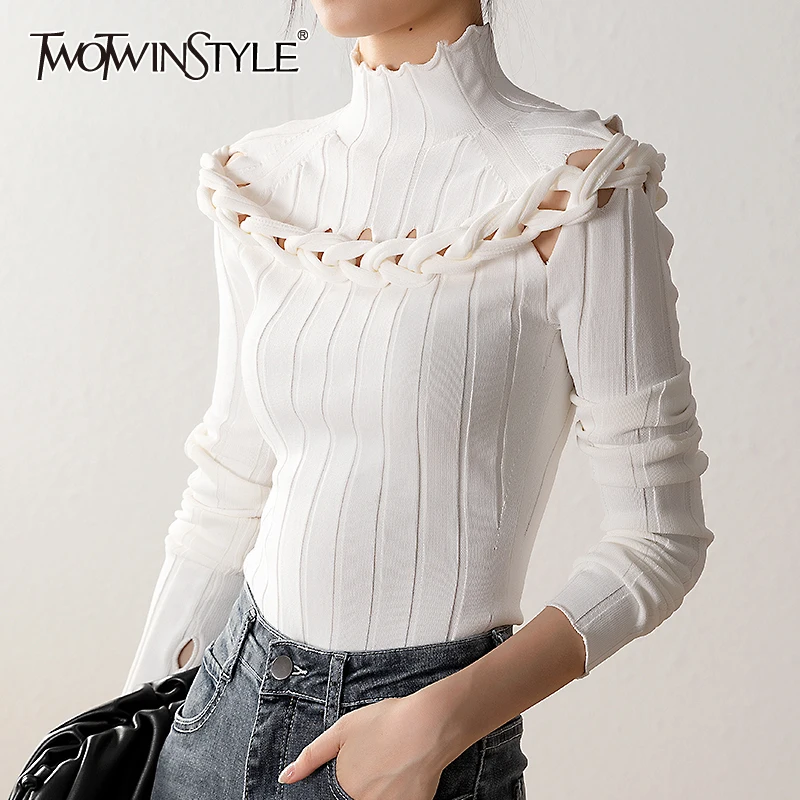 

TWOTWINSTYLE Slim Twist Kink Sweater For Women Turtleneck Long Sleeve Hollow Out Sexy Knitted Tops Female Fashion New Clothing