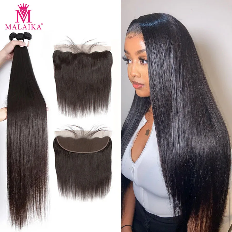 

Malaika 1 3 4 Brazilian Hair Weave Bundles With Frontal 30 32 34 36 Hair Straight Human Hair 13x4 Lace Closure with Bundles