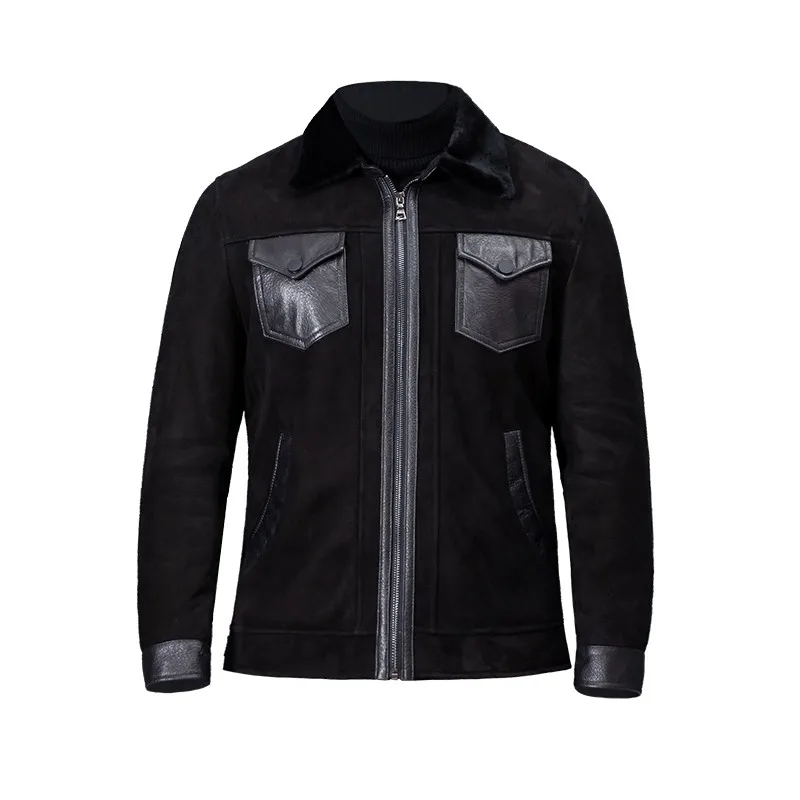 

Mens Shearling Lapel Winter Long Sleeve Zipper Sheepskin Coat Business Casual Men Genuine Leather Short Jacket Real Fur Overcoat