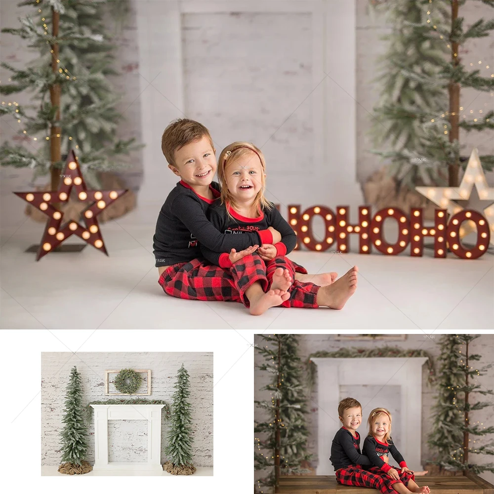

Christmas Fireplace Photo Backdrop Photography Props Xmas Pine Tree Wreath Brick Wall Background Photographic Studio Photocall