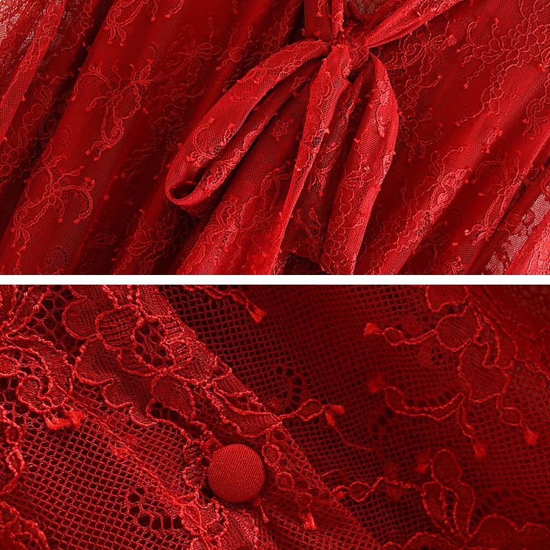 

Elegant Women lace blouse with bow Red Fashion Hollow out Sexy Female tops Long sleeve Girl tops Club Autumn Spring YNZZU YT774