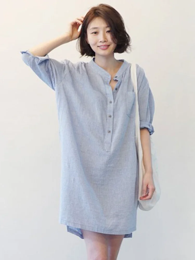 Хлопковая и льняная женская блузка в полоску с v-образным вырезом свободные