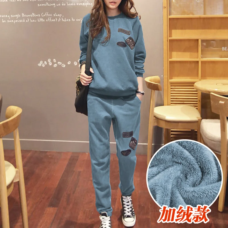 Lake Blue Winter S-6XL, женская спортивная одежда, спортивные костюмы, весна, осень, зима, повседневные, плюс бархат, Толстая Толстовка+ штаны, комплекты для женщин размера плюс - Цвет: Lake Blue Winter
