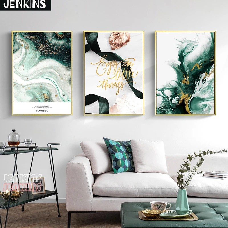 

Green Agate Abstract Canvas Painting Golden Leaf Nordic Posters and Prints Wall Art Pictures for Living room Modern Home Decor