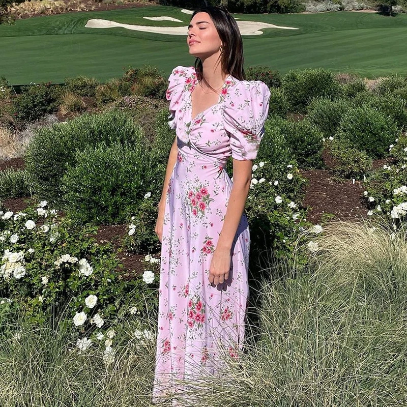 

2021 Ladies New Summer Retro Floral Printed Beauty Short Sleeve Long Dress V-neck Beach Wear Puff Sleeve Casual Holiday Dress