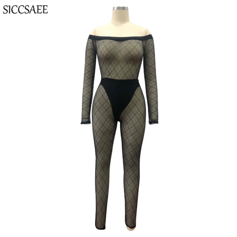 Комбинезон женский сетчатый с открытыми плечами пикантный прозрачный