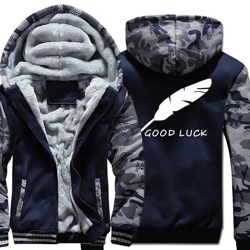 

2019 New Thicken hoodies Men's Good Luck letter Winter Warm Streetwear Tops Printed Feathers Jackets Camouflage sleeve Coats