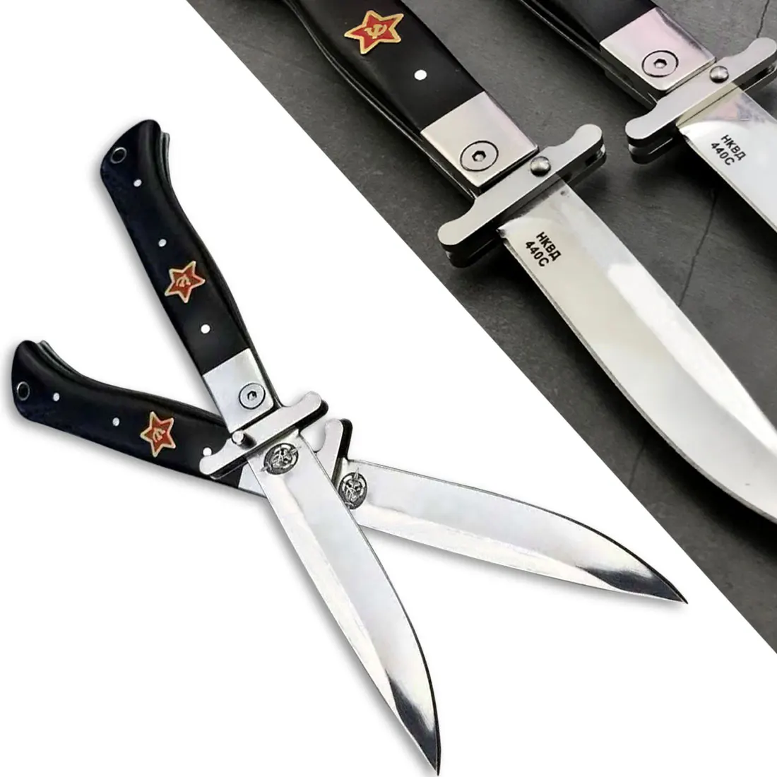 

Manual Folding Pocket Knife Black And White Resin Handle 440C Blade Mirror Outdoor Camping Multi-tool kitchen knives