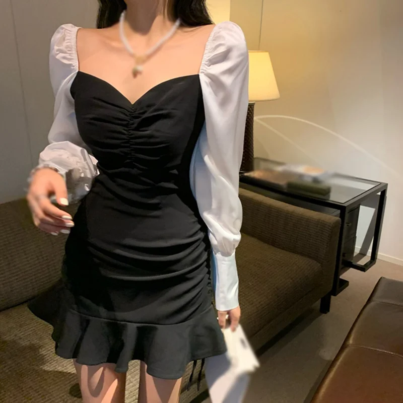 

Autumn V Neck Ladies Dress Women Sexy Dress Long-sleeved Stitching Dresses