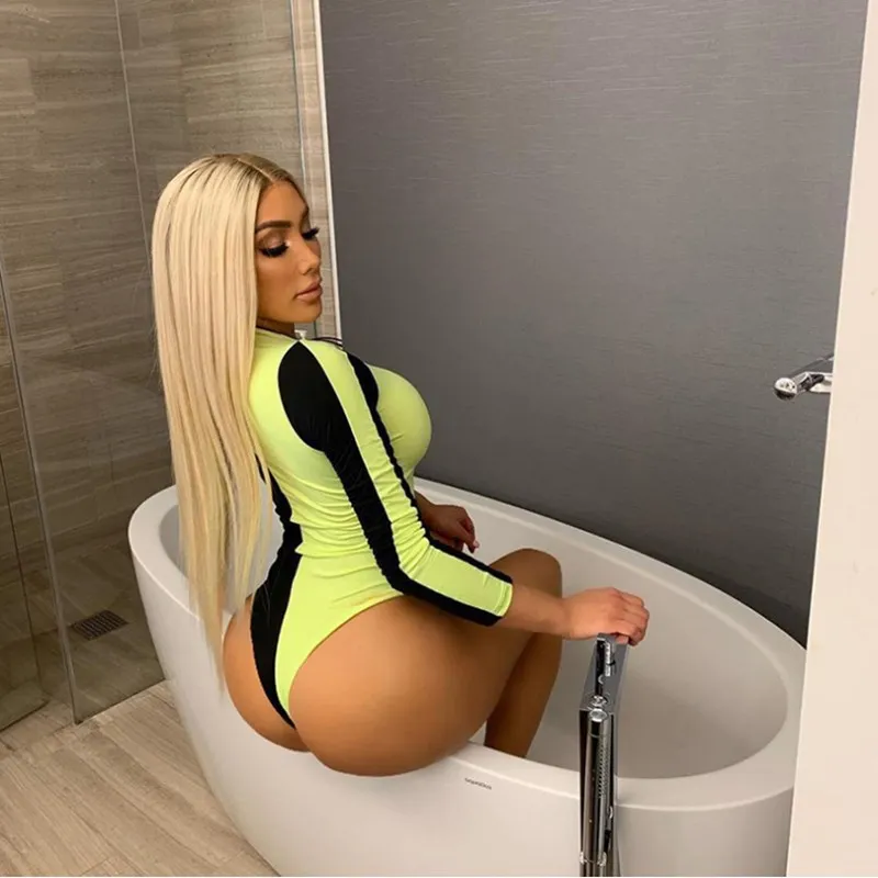 Модные новые цельные женские боди повседневные неоновое облегающие комбинезоны