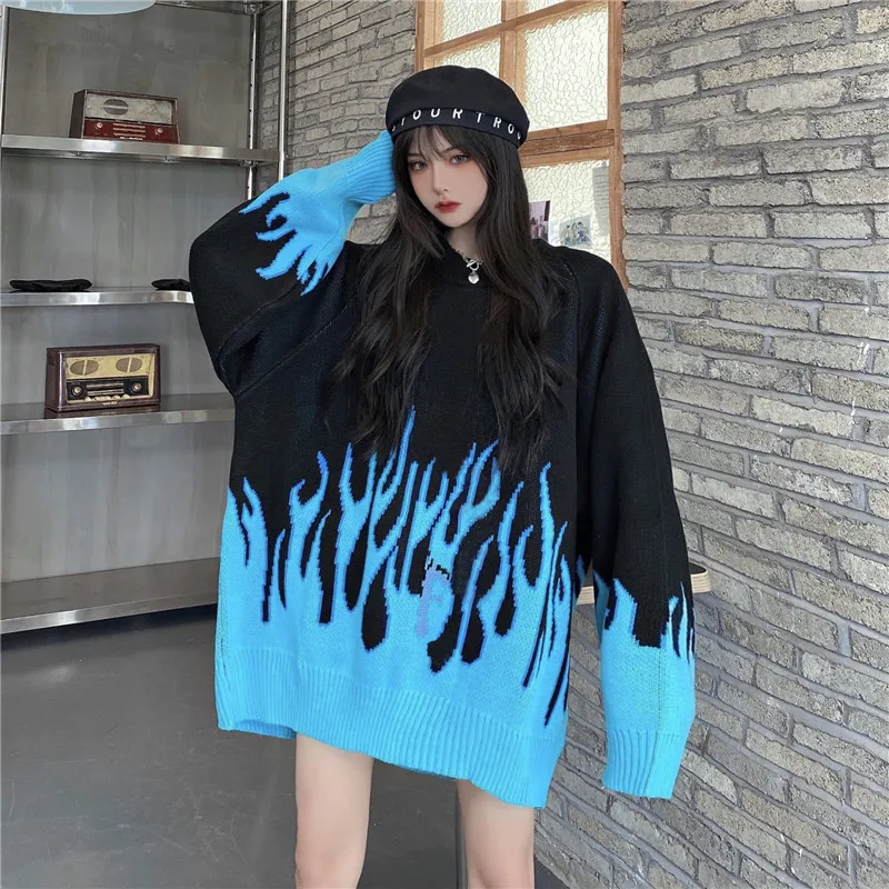 Yedinas Korean Style Loose Knitted Sweater Flame O-neck Batwing Sleeve Casual Pullover Hip Hop Streetwear Fashion Oversize Tops | Женская