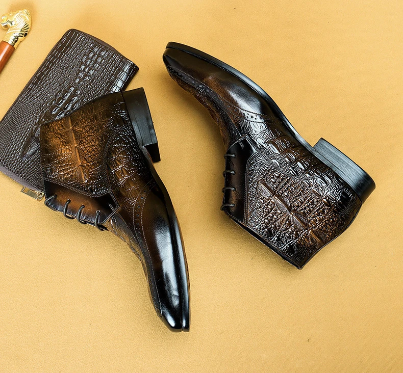 

Luxury Men Casual Dress Boot Genuine Cow Leather Black Brown Fashion Lace-up Men Ankle Boot Crocodile Pattern Chelsea Boots