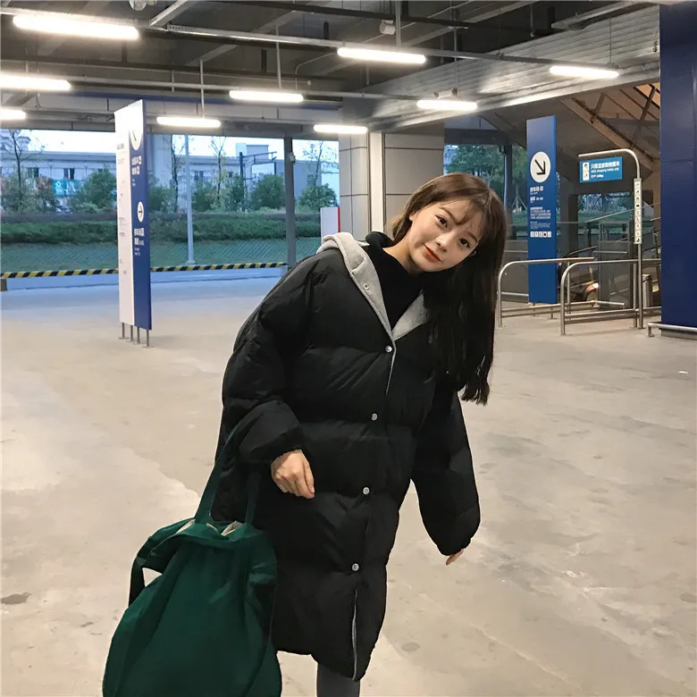 2511# зимнее женское платье в Корейском стиле, однобортное худи с капюшоном средней длины, одежда с хлопковой подкладкой, хлопковое пальто для улицы