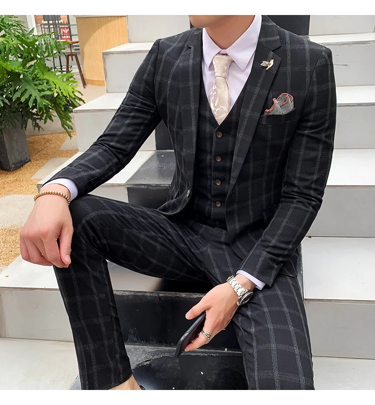 Элегантный Черный, серый цвет Клетчатый костюм «Человек Осень Slim Fit Мужские свадебные костюмы костюм 3 предмета Homme костюмы для торжественных случаев для Для мужчин Q176