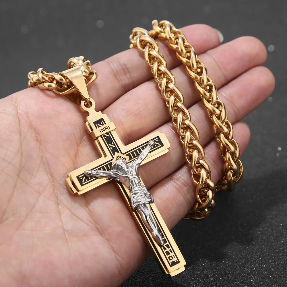 Necklace Золотой тон многослойный Крест Христос Иисус кулон ожерелье из нержавеющей стали для мужчин ювелирные изделия подарок - Окраска металла: Necklace