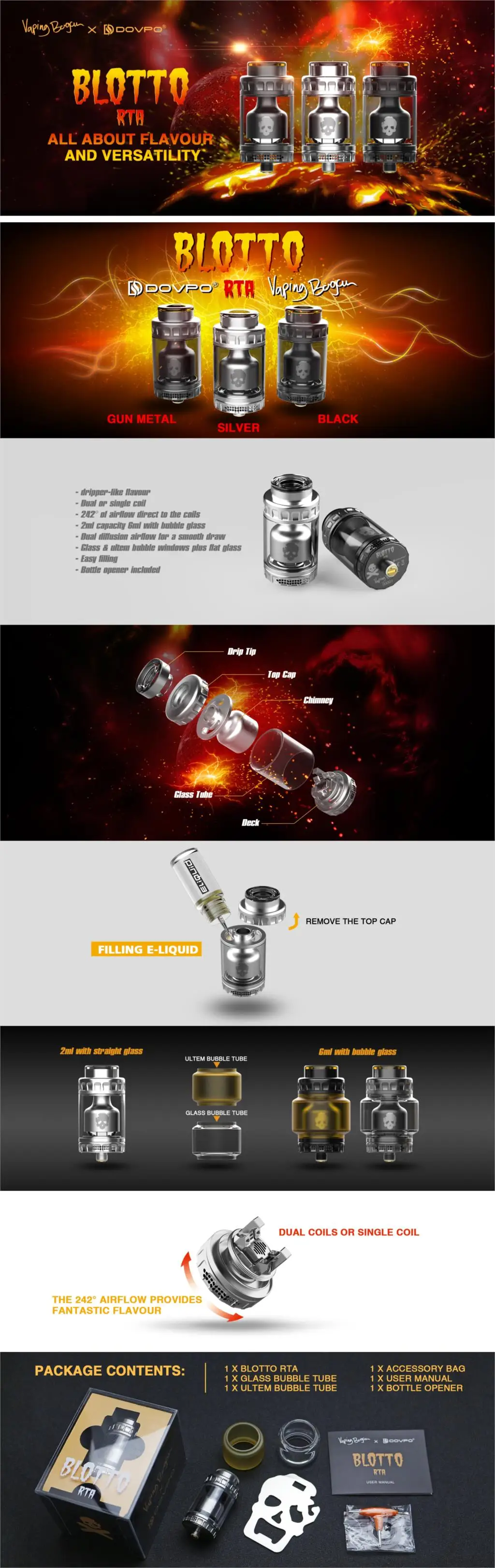 Dovpo Blotto RTA распылитель с 2/6 мл стеклянный пузырьковый/ULTEM пузырьковый бак 510 резьба 26 мм Диаметр Vape Танк против Dead Rabbit RTA
