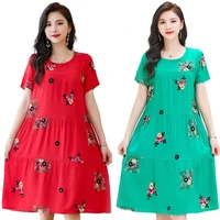 xl 6xl middle aged women summer elegant loose mother short sleeve long dress o neck floral embroidery dress