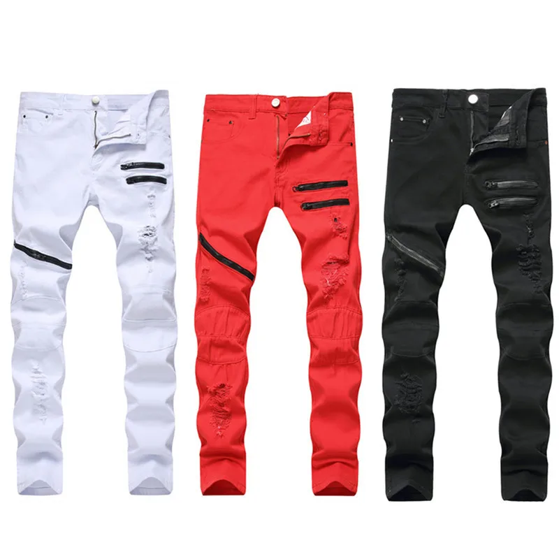 

Men New Zipper Casual Jeans Trendy Ripped Denim Pants High Street Straight Leg Biker Trousers Male Skinny Hole Personality Wear