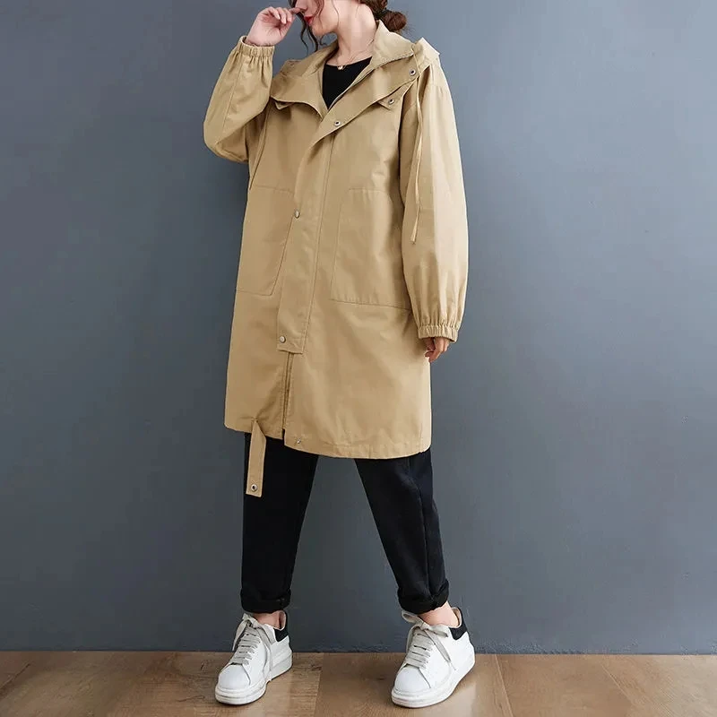 

2022 New Spring Autumn Trench Coat Women Hooded Single Breasted Slim Padded Windbreaker Harajuku Black Long Outerwear Female