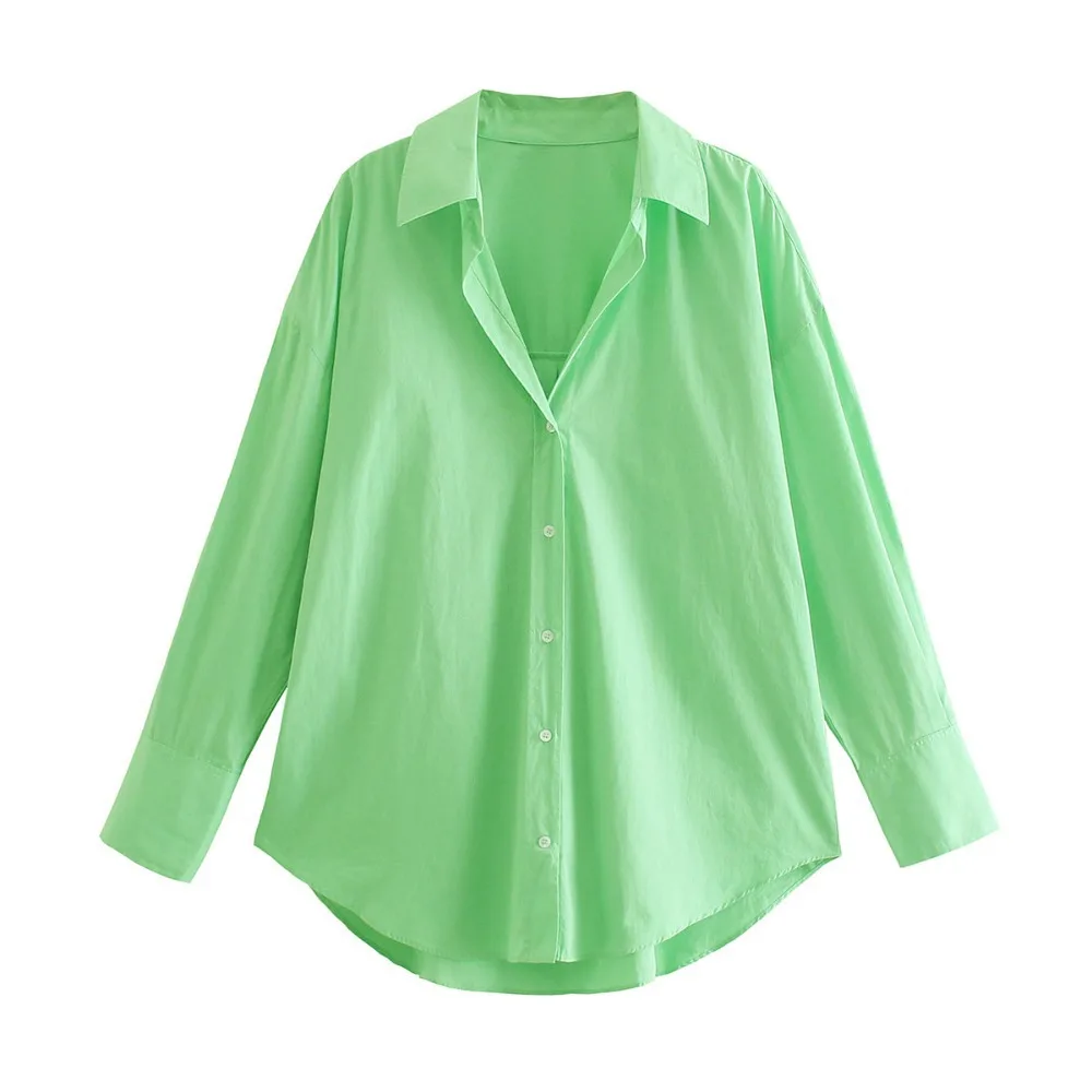 

Autumn Winter High Street Shirts Women Lapel Collar Solid Green ladies Blouses Shirt Cuffed Long Sleeves Female Shirt 2021
