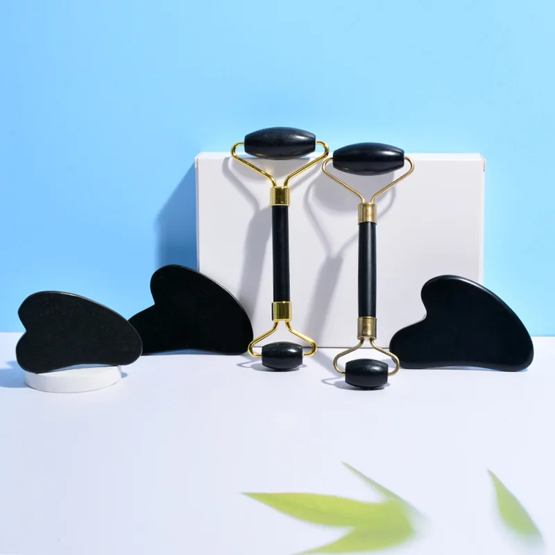 

Facial Massage Natural Obsidian Stone Guasha SkinCare Tool Gouache Scraper For Face Jade Roller Massager Set Black Gua Sha Board