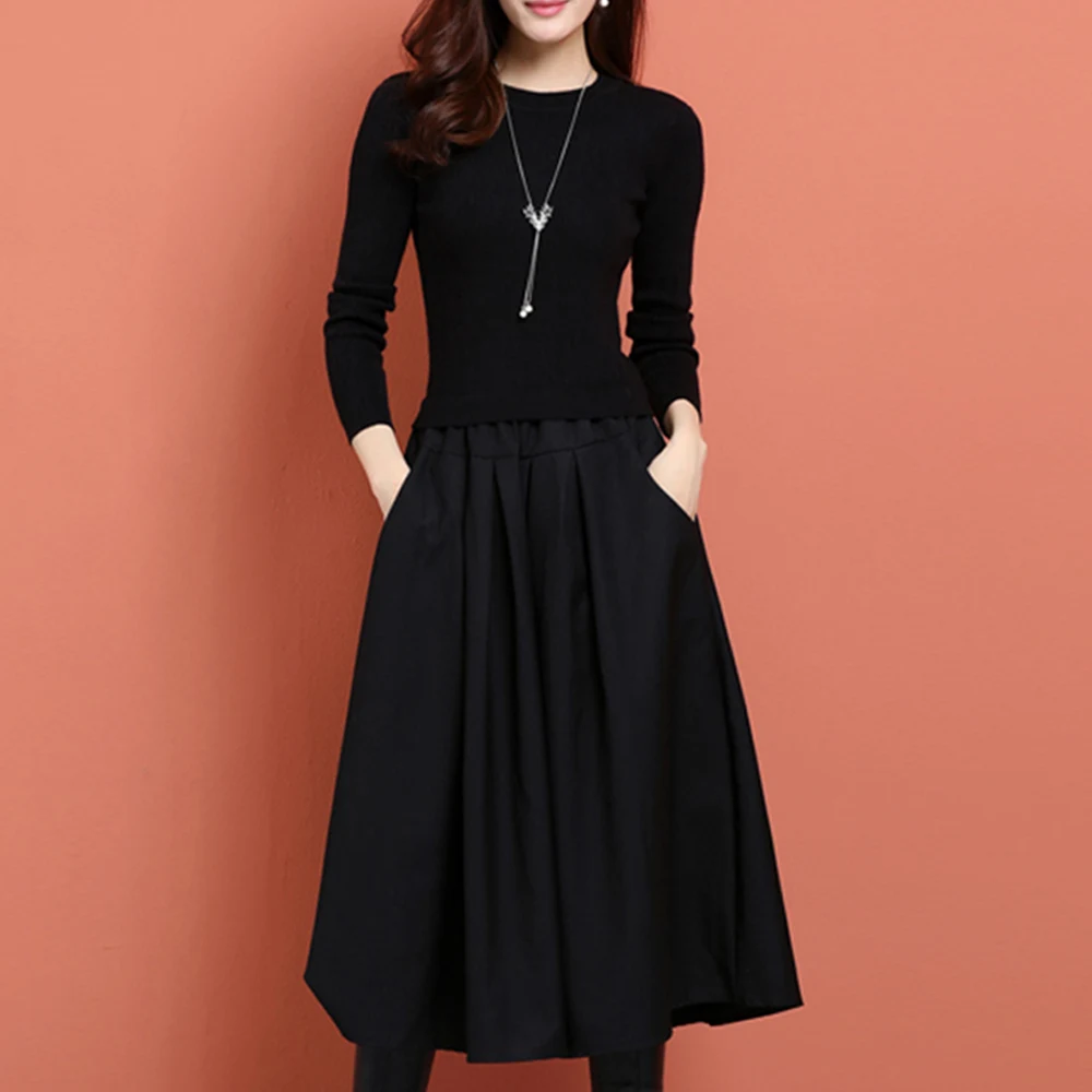 Осенний женский простой вязаный свитер черное платье трапециевидной формы