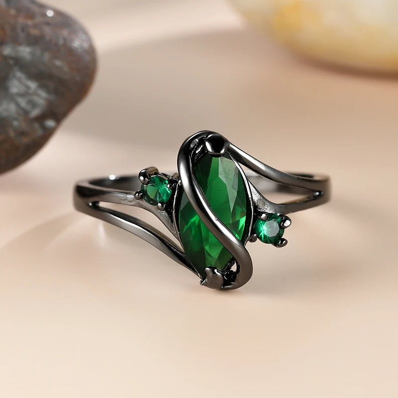 

Black Gold Marquise Cut Emerald Zircon Ring for Women Hollow Green Gemstone Ring S-Shape Design Female Birthday Jewelry Gift