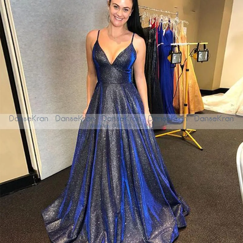 

V-Neck Shiny Royal Blue Formal Evening Dresses 2021 Sparkly Prom Dresses For Party Zipper Up Back A-Line Prom Gowns For Women