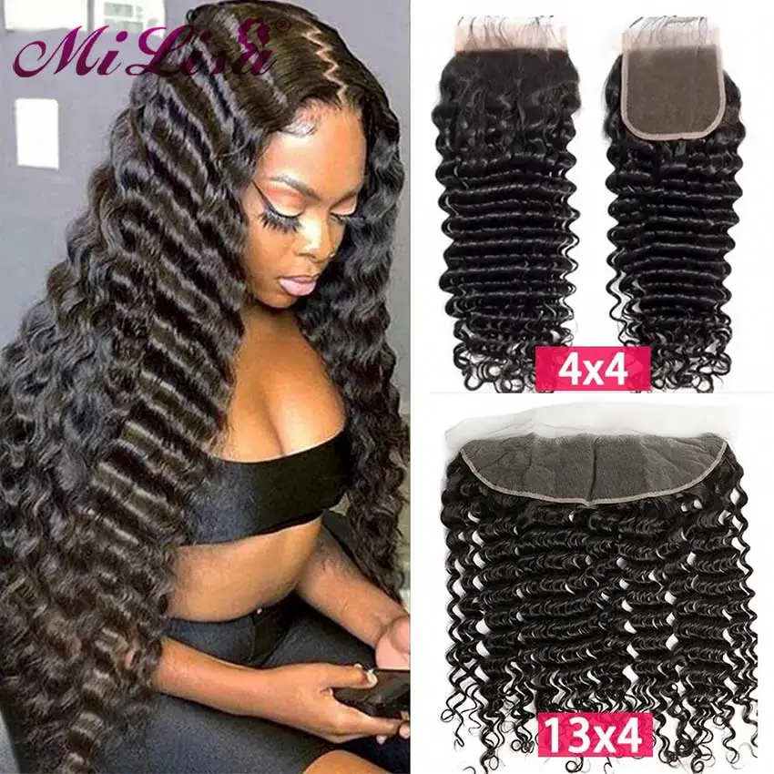

30 Inch Deep Wave Bundles With Frontal Natural Weave Human Hair Peruvian 3/4 Bundles With Closure Human Hair Weave Extensions