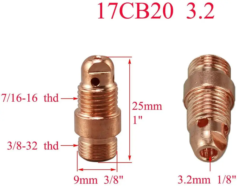 Короткая Цанговая трубка TIG набор разных размеров 17CB20 (0 040 дюйма 1 0 мм) (1/16 6 (3/32 2 4 (1/8