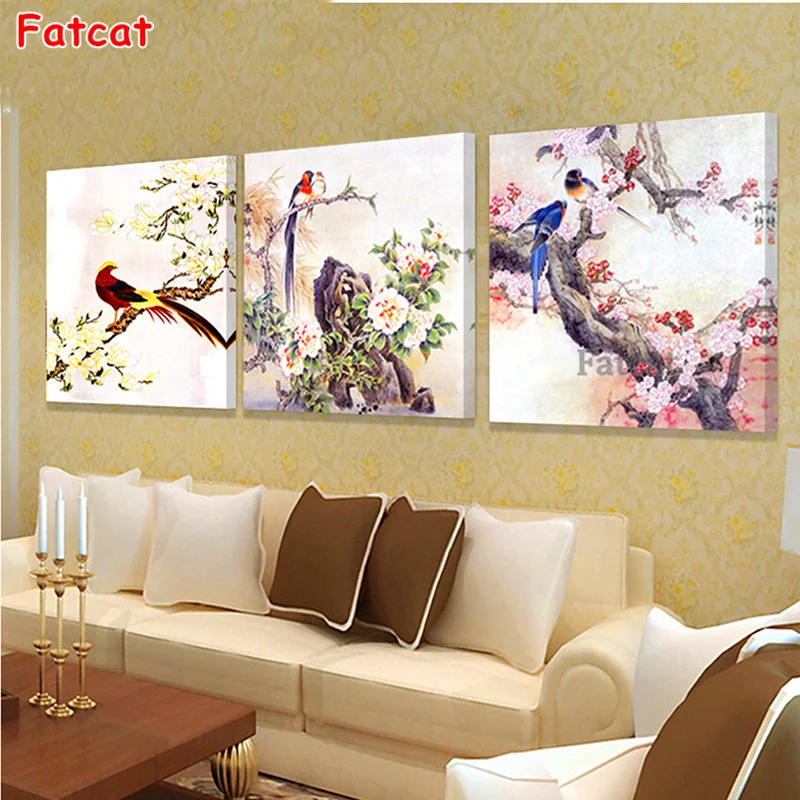 

Flowers and birds 5d Diy Diamond Painting Full Square Round Diamond Embroidery Mosaic Needlework Triptych home decoration PP2081