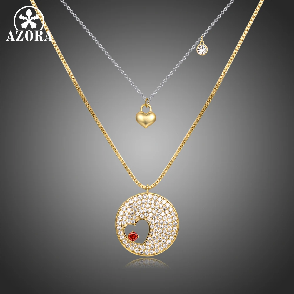 Женское Ожерелье с фианитом AZORA Золотистое двойным сердцем украшенное TN0287 |