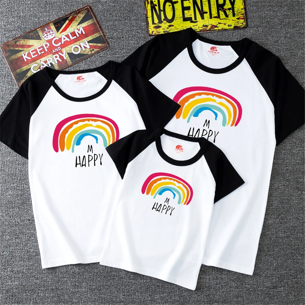 

M Happy Letter Printed Rainbow T Shirts 9Colors 100% Cotton Cute Family Matching Tshirts Cute Kids Adult Aesthetics Tee Shirts